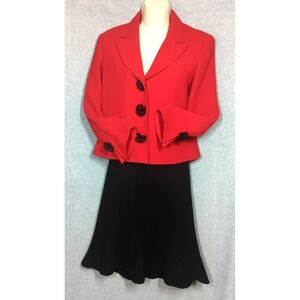 Vtg Authentic Rickie Freeman Teri Jon Midi Skirt Suit 8 Wool Red Top Black Skirt